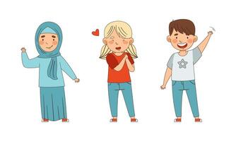 Emoji Girl and Boy Showing Hand Gesture Waving and Expressing Love Set vector