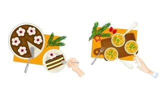 Christmas dinner table. Top view of human hands and traditional dishes served on plates illustration vector