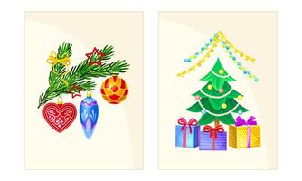 Xmas compositions with fir tree, gift boxes and baubles. Merry Christmas and Happy New Year Holidays card templates set illustration vector