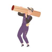 Delivery service worker in overalls carrying rolled up carpet. Apartment moving, loading service cartoon illustration vector