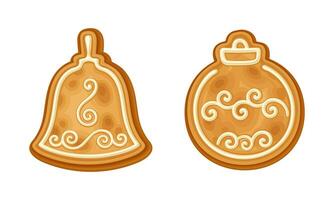 Gingerbread cookies of various shapes set. Baked festive biscuits in icing sugar cartoon illustration vector