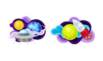 Solar System planets, alien spaceship and rocket. Fantastic cosmic illustration vector