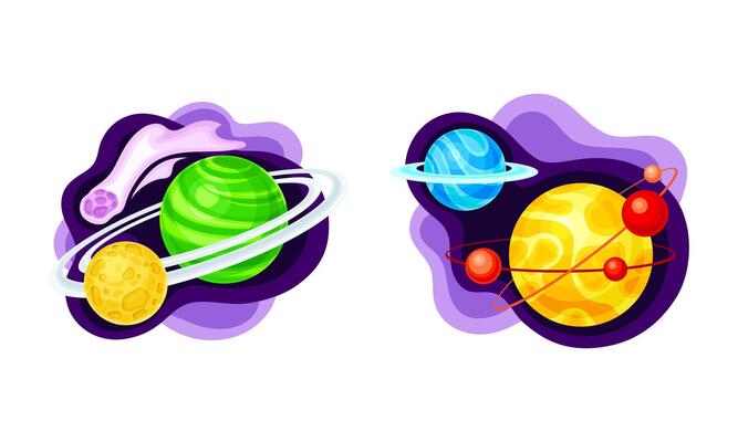 Solar System planets, space planets, asteroid. Fantastic cosmic illustration