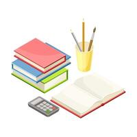 School supplies set. Stack of books, notebook, pencil, calculator isometric illustration vector