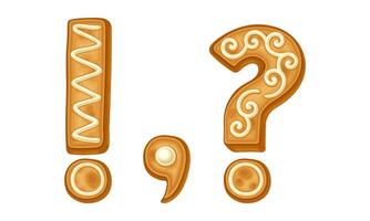 Ginger cookies punctuation marks. Exclamation, question mark and comma covered by icing sugar cartoon illustration vector