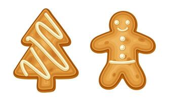 Gingerbread man and Xmas tree cookies set. Baked festive biscuits in icing sugar cartoon illustration vector