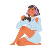 Girl sitting on floor and gaming with game controller and headset cartoon illustration vector