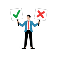 A businessman holds signs displaying a green check mark and a red cross illustrating decision-making concepts for business presentations marketing materials and web design projects png
