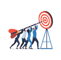 Diverse Team Collaboratively Lifting a Giant Dart Towards a Bullseye Target Achieving Shared Goals Success Teamwork png