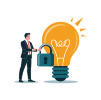 Secure Business Ideas Protection Concept Illustration featuring a businessman unlocking a padlock on a bright lightbulb symbolizing innovative solutions and intellectual property safeguarding png