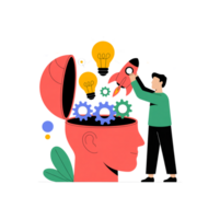 Innovative Ideas Launch Startup Success Business Concept Illustration featuring a person adding rocket and gears to an open mind symbolizing creativity and growth. png