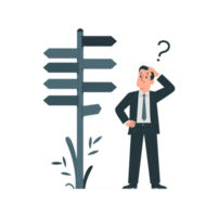 A businessman contemplates a decision at a crossroads signpost signifying choices and uncertainty in business strategy and career paths png