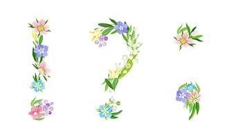 Floral punctuation marks. Exclamation, question mark and comma made of leaves and flowers cartoon illustration vector