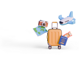 3D Travel Scene. Yellow suitcase with Plane, Passport, Ticket, Camera and Map. 3D Design Objects. Time to Travel banner png