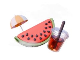 3D Rendering Scene Watermelon Slice with Soft Drink and Umbrella on blue background with clouds. Summer Relax concept png