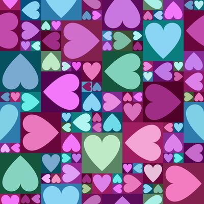 Seamless heart pattern with cool vibrant tones in a grid of pink, teal and ocean colors