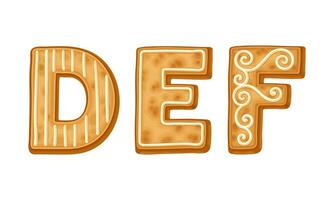 D,E,F letters covered by icing sugar. Ginger cookies Christmas alphabet cartoon illustration vector