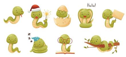 Cute baby snake characters set. Adorable reptile animal in different situations cartoon illustration vector