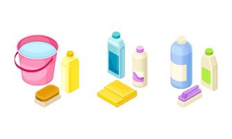 Household Cleaning Equipment with Detergent in Bottle, Brush and Bucket with Water Isometric Composition Set vector