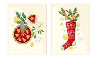 Xmas composition with nitted sock, fir tree branches and pie. Merry Christmas and Happy New Year Holidays card templates set illustration vector
