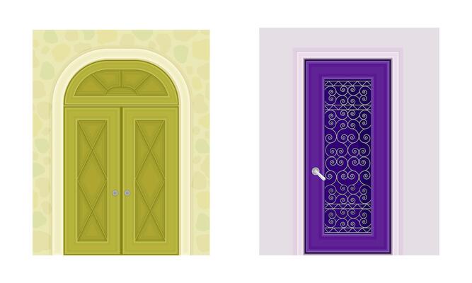 Vintage style wooden closed doors set. Front doorway exterior, arched and rectangular entries illustration