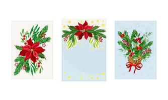 Xmas floral composition with holly berry, poinsettia, fir tree branches and pinde cones. Merry Christmas and Happy New Year Holidays card templates set illustration vector