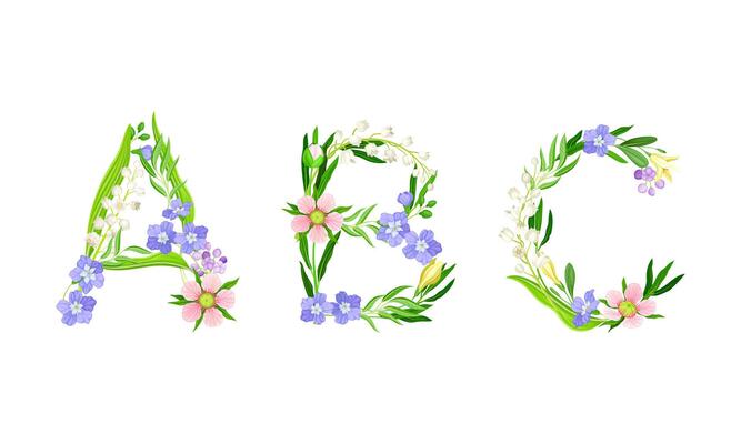 A,B,C uppercase letters made of leaves and flowers. Floral alphabet for wedding, invitation greeting card design cartoon illustration