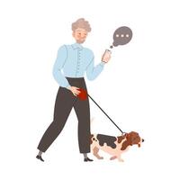 Young man using smartphone while walking with his dog cartoon illustration vector