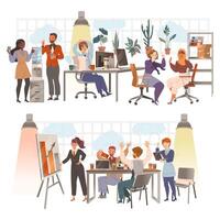 Set of business people working. Office employees working on project and communicating cartoon illustration vector