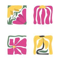 hand drawn poster abstract flowers groovy retro style. floral square botanical vector