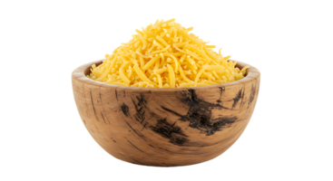 A pile of grated cheddar cheese in wooden bowl with transparent background. png