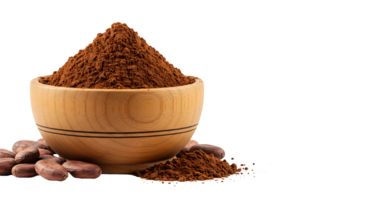 Wooden bowl of cocoa powder with cocoa beans isolated on transparent background png