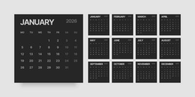 Monthly calendar layout for 2026 year. Planner Square diary for 2026 year in dark color. Week Starts on Monday. vector