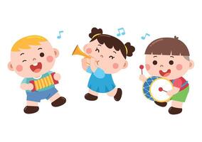 Children playing musical instruments happily vector