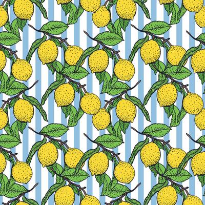 Lemon branch seamless pattern. Yellow fruits, green leaves, blue stripes. Hand drawn illustration. Food and cosmetic labels, jam, lemonade, wrapping paper, textile, fabric, covers, wallpaper.