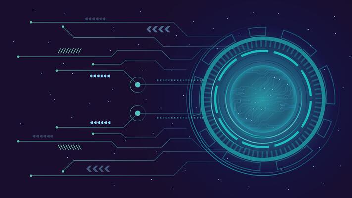 High tech circular interface design with glowing blue circuits and abstract digital elements on dark futuristic background