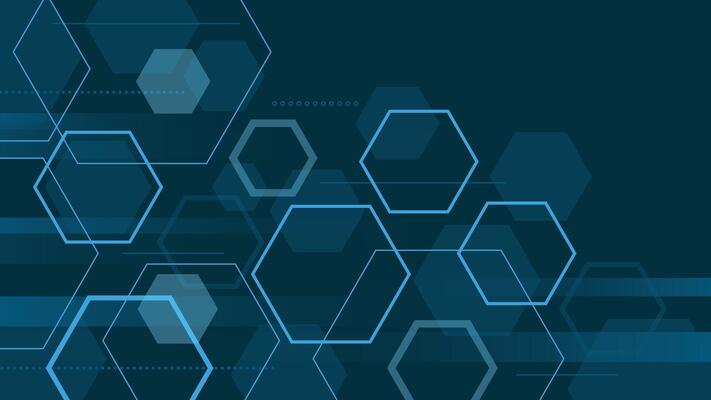 Modern abstract background with glowing blue hexagons and geometric patterns on a dark theme ideal for tech and digital design