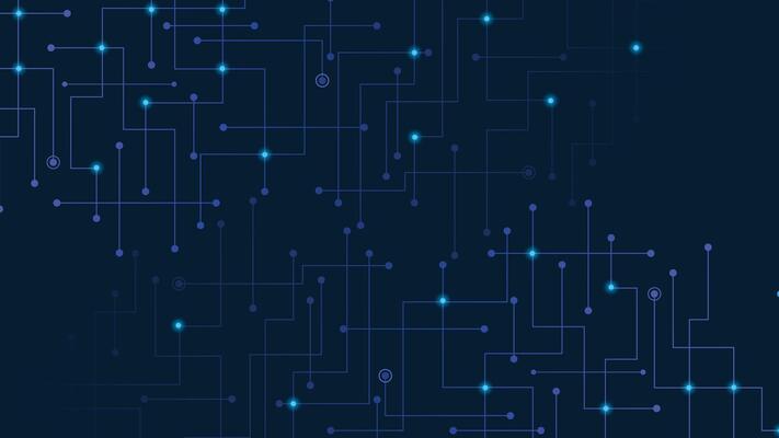 Futuristic technology background with glowing circuit lines and nodes on dark blue backdrop perfect for digital or tech themed designs