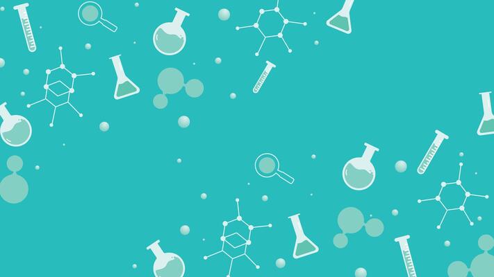 science themed background featuring lab equipment flasks test tubes molecules and magnifiers on a blue green color ideal for education medical or chemistry projects