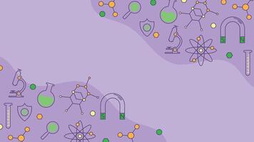 science themed background with chemistry lab icons including flasks atoms magnet and shield over a soft purple backdrop suitable for education and research designs vector