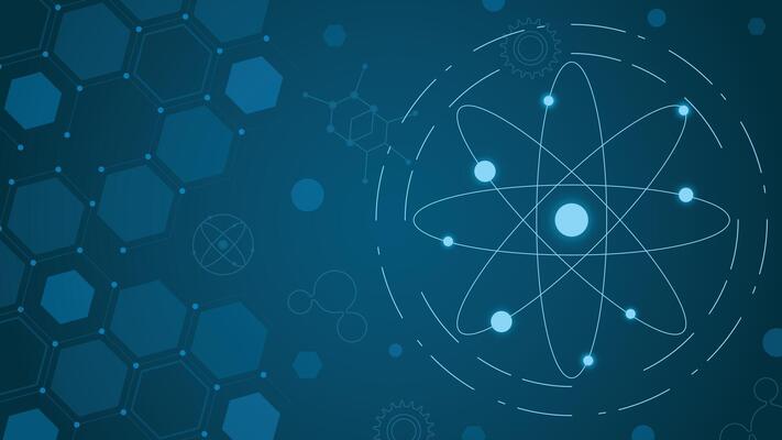 Modern abstract design featuring atom structure, hexagonal patterns, and molecular symbols perfect for science, technology, and research related projects and presentations.