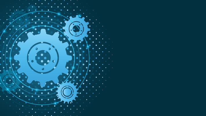 Futuristic blue gear background with abstract technology elements, dotted pattern and glowing lines for automation and innovation themes