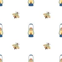 Vintage oil lantern and moths seamless pattern. Abstract and minimalist pattern. Camping lantern vector
