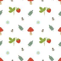 Forest seamless pattern on a white background. Mushrooms, leaves, flowers, strawberries, bees, fly agaric. Abstract and simple pattern. Hand drawn forest pattern vector