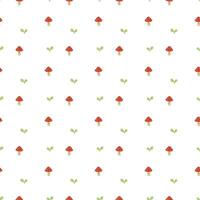Mushrooms and leaves pattern on a white background. Simple seamless pattern with fly agaric mushrooms. design for greeting card and invitation vector