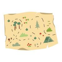Hand drawn map on a piece of parchment with forest, camp tent drawings on the layout and path illustration on a white background vector