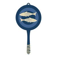 Frying pan with fish illustration on a white background. View from above. Cooking, Fried fish, Blue pan vector