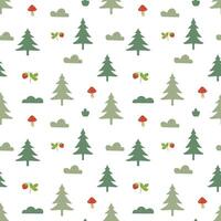 Forest seamless pattern on a white background. Mushrooms, trees, pine, bushes, strawberries, fly agaric. Abstract and simple pattern. Hand drawn forest textile vector