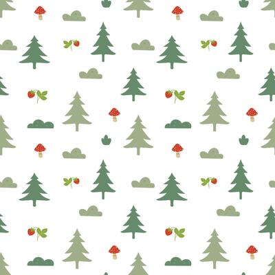 Forest seamless pattern on a white background. Mushrooms, trees, pine, bushes, strawberries, fly agaric. Abstract and simple pattern. Hand drawn forest textile