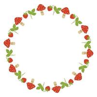Fly agaric mushrooms with strawberries circle frame. Round border made of plants. flat wreath isolated on white background vector